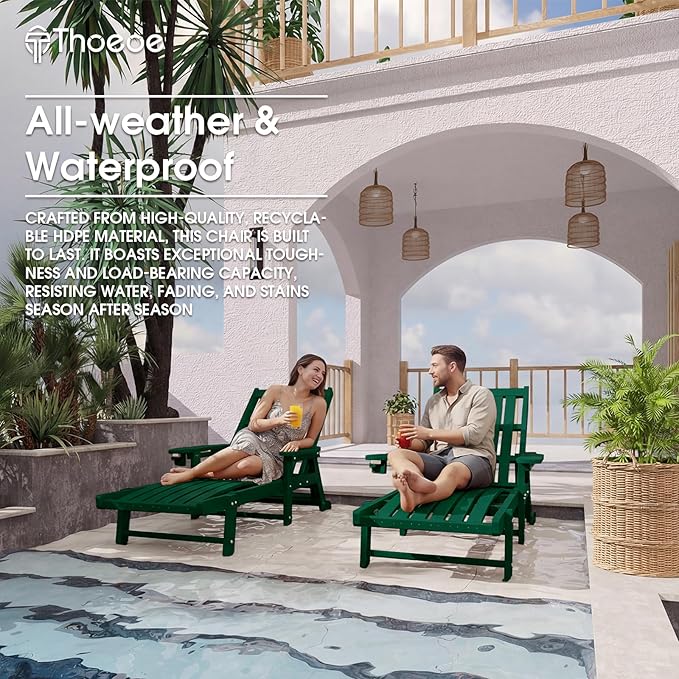 Patio Chaise Lounge Chair Set of 2, Oversized Lounge Chair Outdoor with 5 Positions, HDPE, Patio Lounge Chair with Wheels & Cup Holder for Pool, Deck, Poolside,Green THOEOE
