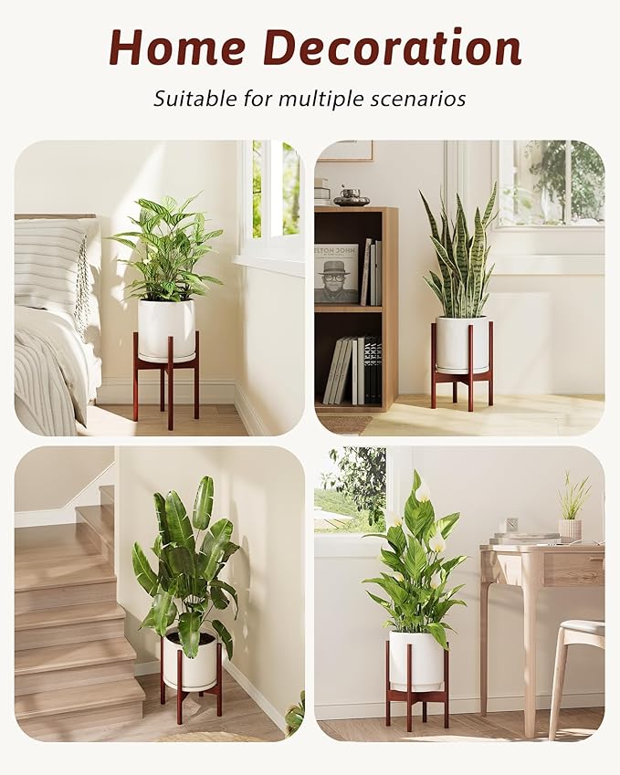 Adjustable Plant Stand Indoor, Bamboo Plant Stand Fits 8 9 10 11 12 Inches, Small Corner Planter Holder for Indoor Plants, Single Floor Plant Stands for Living Room Balcony, Reddish Brown Gentingbro