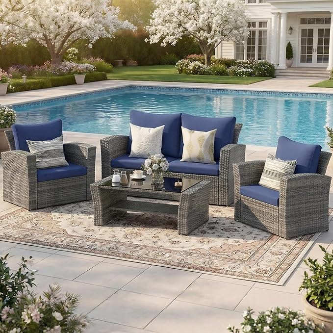 Wisteria Lane 4 Piece Patio Furniture Set, Wicker Outdoor Patio Conversation Furniture Set, All Weather Outdoor Patio Sofa with Cushion and Glass Table, Blue WisteriaLane