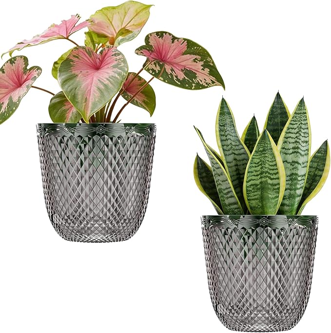 QCQHDU 2 Pack Self Watering Pots, 7.2 Inch Flower Pots with Drainage Holes and Water Filling Port, Garden Planter for Indoor Outdoor Plants (Gray) QCQHDU