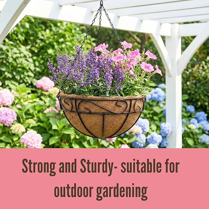 LaLaGreen Hanging Baskets for Plant Outdoor (18 Inch, 4 Pack) Large Black Metal Wire Hanging Planter with Coco Liner Round Flower Pot Hook Holder Hanger Deck Porch Country Modern Garden Balcony Decor L%C3%A1L%C3%A1Green