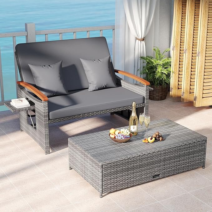 Tangkula Patio Rattan Daybed with 4-Level Adjustable Backrest, Outdoor Wicker Loveseat with Acacia Wood Armrest, Storage Ottoman & Folding Tray, Double Sunbed for Balcony, Backyard & Poolside (Grey) TANGKULA