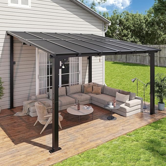 Aoxun 12'x 10' Premium Gazebo with Aluminum Top Frame & Polycarbonate Panel, Wall Mounted Gazebos Pergola, Outdoor Patio Lean to Gazebo, Awnings with Sloped Roof, for Backyard, Porch, Deck Aoxun