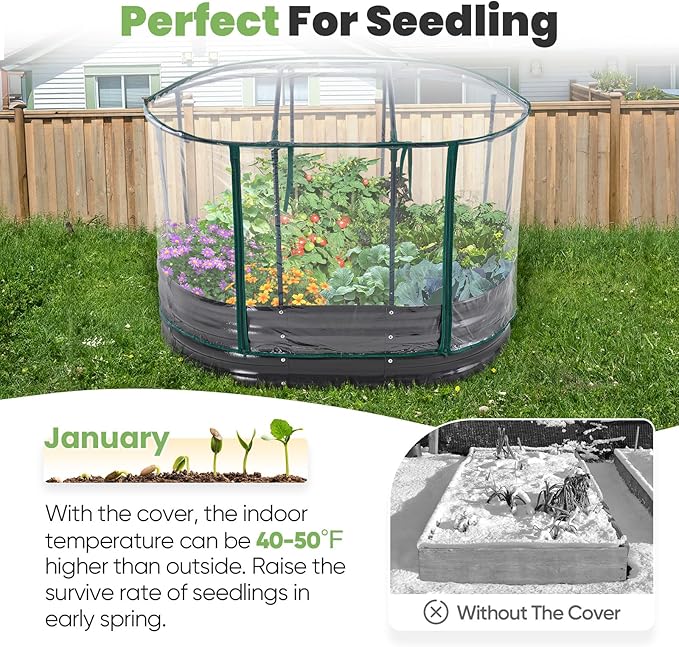 KING BIRD Raised Garden Bed with Cover Galvanized Oval Planter Garden Box Outdoor for Gardening, Vegetables, Flowers 47.2x35.4x11.8 in, Clear KINGBIRD