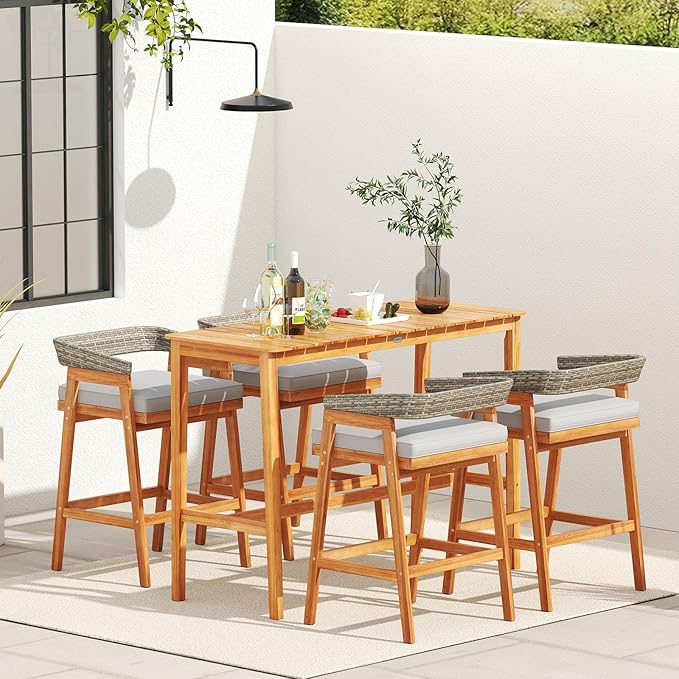 Tangkula 3 Piece Patio Bar Set, Outdoor Acacia Wood Counter Height Table with 2 Cushioned Barstools with Curved Rattan Back and Footrest, for Backyard, Poolside, Balcony TANGKULA