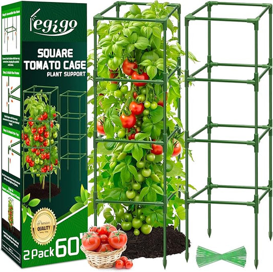 Legigo 2 Pack Square Tomato Cages for Garden- Up to 60 Inch Tomato Plant Support Stakes Cage, Heavy Duty Steel Tomato Trellis Garden Stakes for Raised Garden Bed Climbing Vegetables Cucumbers Flowers Legigo