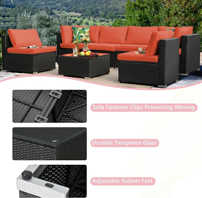 7-Piece Patio Furniture Set - Outdoor Sectional Sofa Set with Cushions and Glass-Top Coffee Table for Gardens, Poolside, Backyards and Porches, Black/Orange ZJEYEJZ