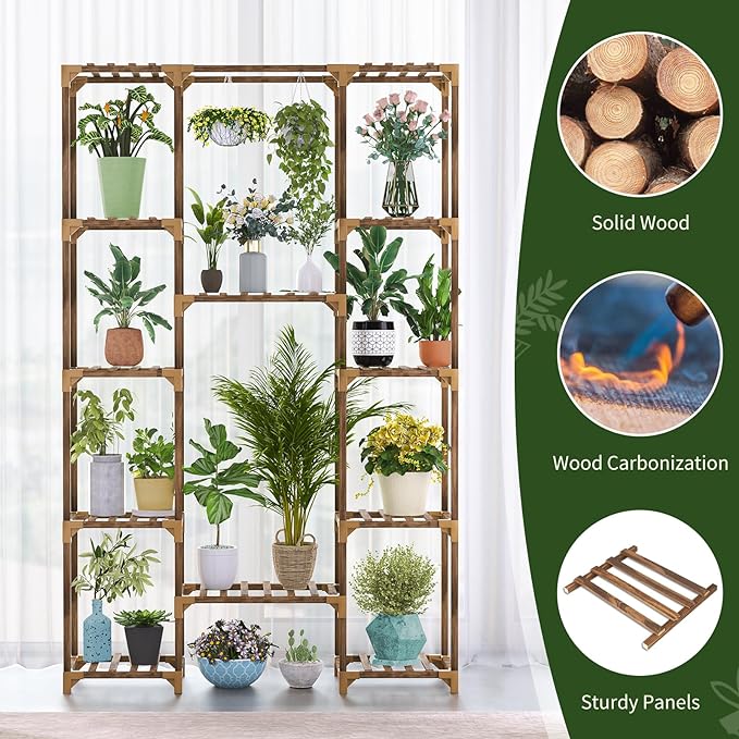 Uneedem Tall Indoor Outdoor Plant Stand - Large 12 Tier Plant Rack with Wooden Shelves for Room, Balcony, Garden, Patio Uneedem