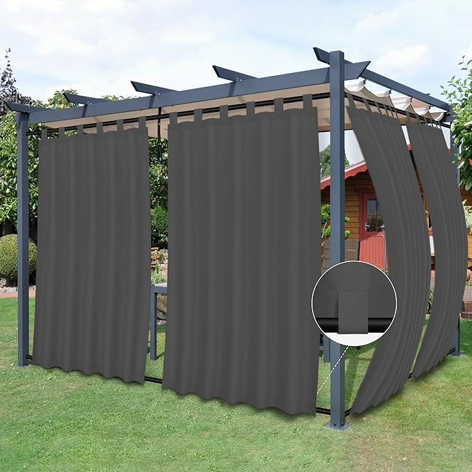 Easy-Going Outdoor Patio Curtains Detachable Tab Top Windproof Weatherproof Curtain for Cabana, Porch, Pergola and Gazebo, Tab Bottom Drape, 2 Panels, 54W x 120L inch, Gray Easy-Going