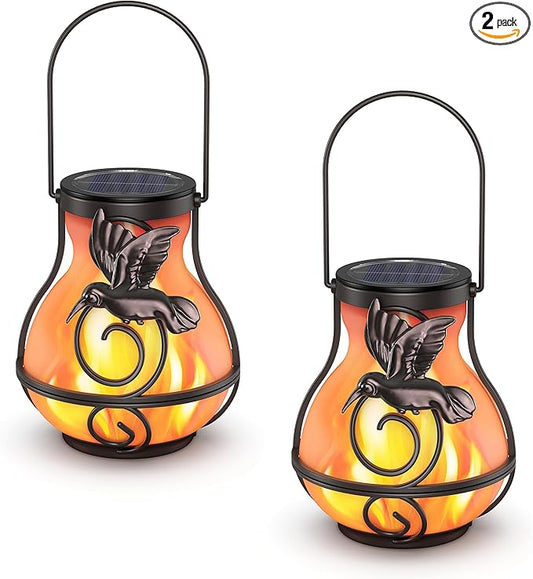 2 Pack Solar Lanterns Outdoor Waterproof, Hanging Hummingbird Flickering Flame Light Garden Decor Hanging Lights Decorative for Outside Patio Pathway Yard Christmas Birthday Gifts Rootora