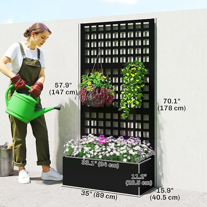 Outsunny Galvanized Raised Garden Bed with Trellis, Metal Planter Box with Drainage Holes, Outdoor Privacy Screen for Climbing Plants, Vegetable, Vines, 35" x 16" x 70", Black Outsunny
