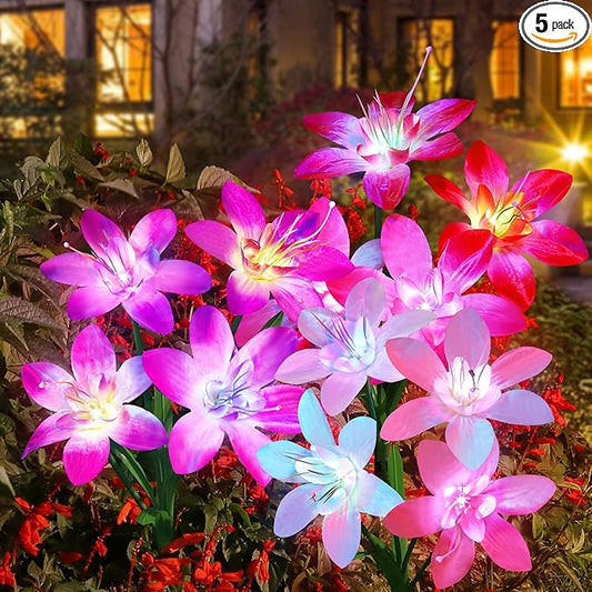 Aukora Solar Garden Lights Outdoor 5 Pack, 5 Colors Lily Flowers & 7-Color Changing Slide Beads Waterproof for Outside Pathway Patio Yard Decorations ＆ Mother's Day Gift, Red Yellow Blue White Purple AUKORA
