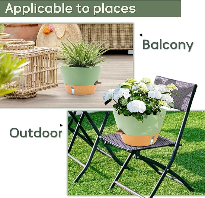 12-Inch Self Watering Planters with Drainage Holes, Large Flower Pots for Indoor Outdoor Plants, Garden Pots Green 2 Pack FIASON
