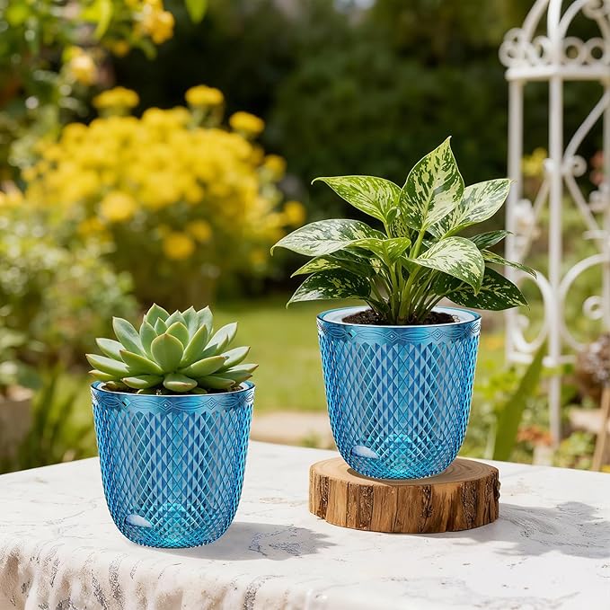 QCQHDU 2 Pack Self Watering Pots, 5.7 Inch Flower Pots with Drainage Holes and Water Filling Port, Garden Planter for Indoor Outdoor Plants (Klein Blue) QCQHDU