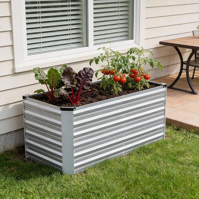 INNO STAGE 4x2x2ft Galvanized Raised Garden Bed, Raised Garden Bed Kit-Metal Planter Box Outdoor, Planting for Vegetables, Fruits, Herbs, Flowers, Silver INNOSTAGE