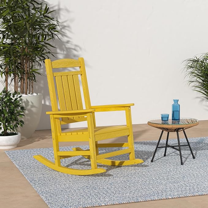 KINGYES HDPE Rocking Chairs Outdoor, Patio Rocking Chairs with 330lbs Support, Smooth Porch Rocker for Deck Lawn Yard, Yellow KINGYES