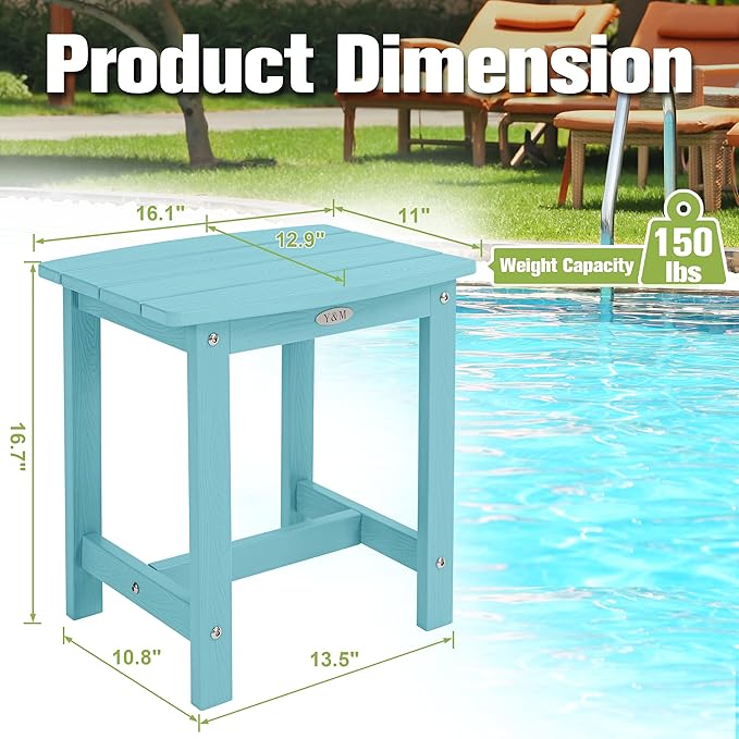 Y&M Outdoor Side Table, HIPS Adirondack Small Single Table, Waterproof Square Outside Table, Balcony Modern End Tables for Patio, Pool, Beach, Porch, Deck, Indoor or Outdoor Use, Light Blue YM