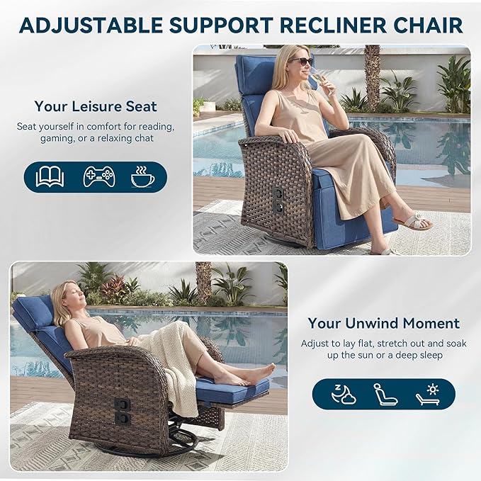Zero Gravity Patio Swivel Rocking Recliner Chairs Set of 2 - Wicker Outdoor Lounge Chair with Adjustable Backrest & Footrest, All Weather Reclining Rocker Chairs with Thick Cushion for Pool Deck Blue JelwalyPatioFurnitureSet