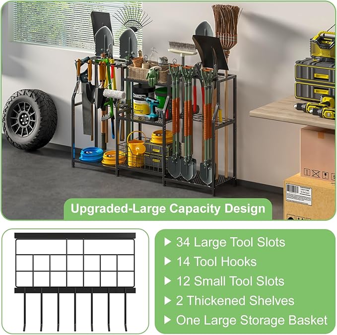 keomaisyto Garden Tool Organizer, Heavy Duty Yard Tool Tower Rack for Garage Organization and Storage, 3 Tier Utility Garden Tool Rack with hooks for Garden/Shed/Garage/Yard/Basement/Lawn keomaisyto