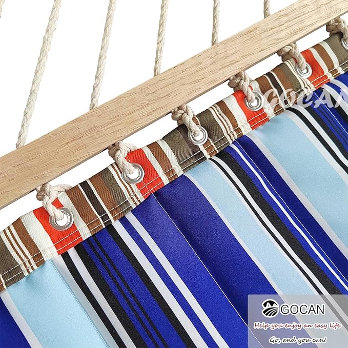 Quilted Fabric Double Hammock Won't flip with Stand and Spreader Bars,Safer and Sturdier,Quality Hammocks for Outdoor Indoor Patio Yard Two Sided Dual use red/Blue GOCAN