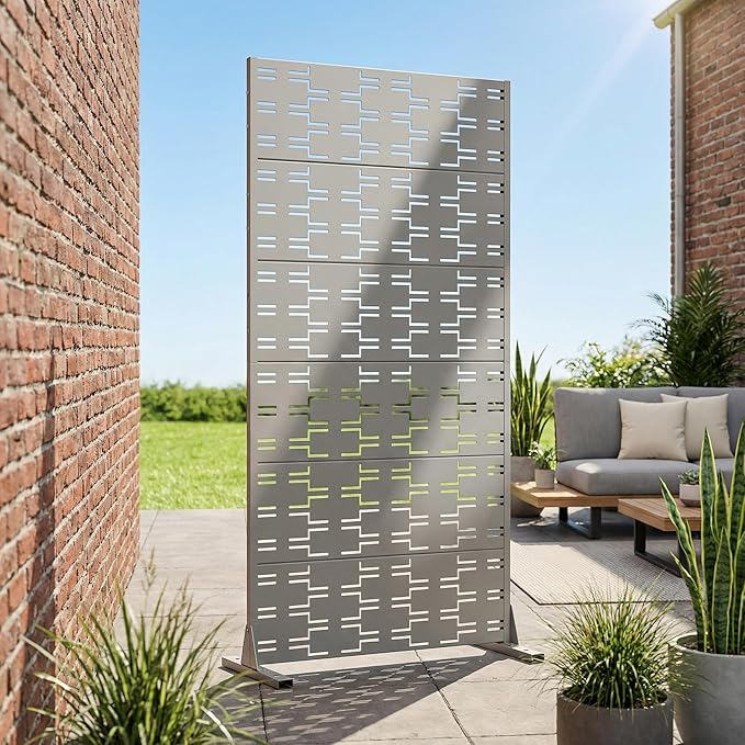 Casaphoria Metal Privacy Screen Outdoor, 72" H x 35" W Freestanding Decorative Privacy Screen for Patio Deck Balcony Garden with Stable Base, Grey-Brick Casaphoria