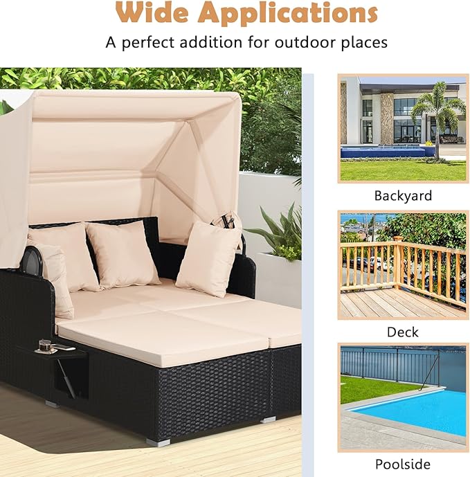 Tangkula Patio Rattan Daybed with Retractable Canopy, Outdoor Wicker Sunbed Lounger with 2 Foldable Side Tables, Thick Seat & Back Cushions, Outside Double Daybed for Garden, Backyard, Porch TANGKULA