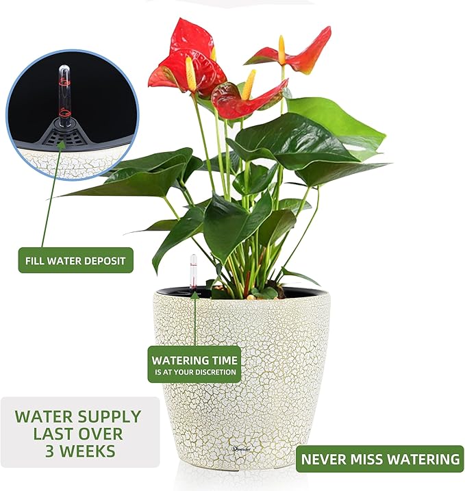 Dexceder 15x14 Self Watering Planter with Wheels Indoor Outdoor, Inner Pot Design, Thickened Large Floor Standing Flower Plant Pot with Water Level Indicator (White Gold Crackle) Dexceder