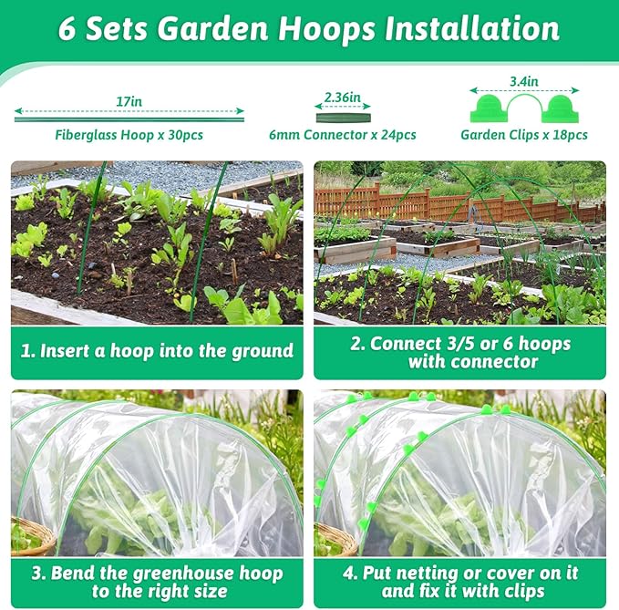 30 Pcs Garden Hoops for Raised Beds, 6mm Greenhouse Hoops Grow Tunnel Fiberglass Hoop House Kit, 6 Sets Plant Support Garden Stakes Hoops Frame for Netting Shade Cloth Row Cover Garden Supplies LifeisLuck