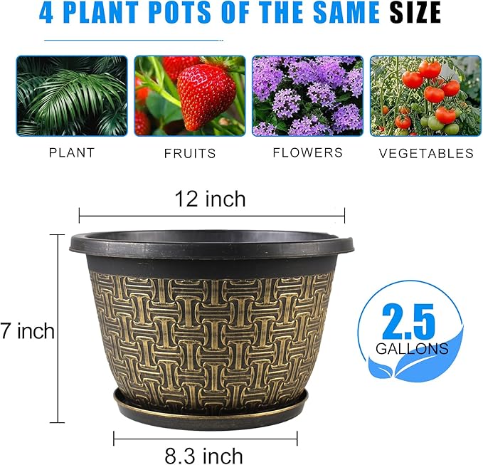 4 Pack 12 Inch Plant Pots,Large-Plant-Flower-Planters-Plastic, Flower Pots Outdoor Indoor with Drainage Holes & Trays, Retro Antique Imitation Decorative Garden Sets for Houseplants Nooulap
