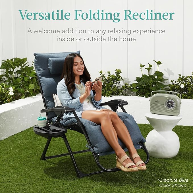 Best Choice Products Oversized Zero Gravity Chair, Folding Outdoor Patio Recliner, XL Anti Gravity Lounger w/Removable Cushion, Cup Holder, Side Tray, 350lb Capacity - Fossil Gray BestChoiceProducts