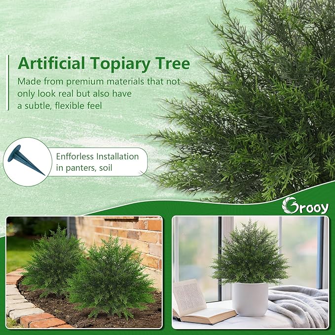 Artificial Cypress Topiary Bushes with Spike, 2 Pack Faux UV Resistant Cedar Ball Trees for Outdoor Planters, Fake Shrubs Plants for Porch Garden Decor FEELTHENEWWORLD