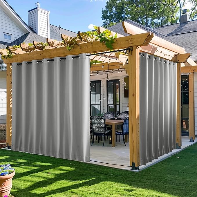 NICETOWN 2 Panels Outdoor Curtains for Patio Waterproof & Windproof, Extra Wide Grommet & Back Tab on Top & Bottom Thermal Insulated Sun Blocking Drapes with Rope for Deck, Silver Grey, W100 x L108 NICETOWN