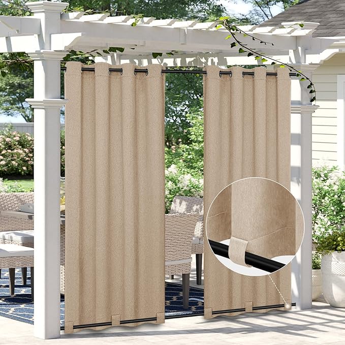 Easy-Going Linen Look Outdoor Curtains Waterproof Windproof Porch Curtains, Soft Thicken Outdoor Privacy Curtains for Patio, Gazebo, Grommet Top and Tab Bottom Drape, 2 Panels, 54x84 inch, Beige Easy-Going