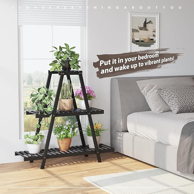 Plant Stand For Indoor Outdoor Tiered Plant Shelf 3 Tier 8 Potted Bamboo Flower Holder Ladder Rack For Multiple Triangle Table Plant Pot Stand (Black) LifeTakesaDifferentTurn