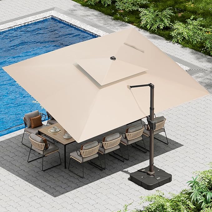 10 X 13 FT Cantilever Patio Umbrella with Led Lights and Base Included Outdoor Heavy Duty Double Top Rectangle Offset Umbrellas with 360-degree Rotation for Pool Deck Backyard, Beige Ombrellon