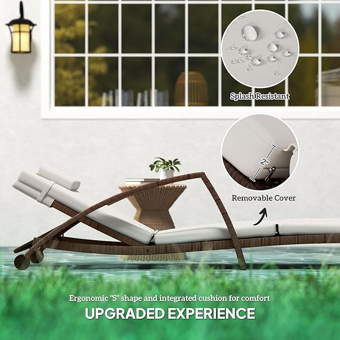 Outsunny Wicker Chaise Lounge Chair Outdoor Set of 2, 5-Position Adjustable Reclining Pool Lounge Chairs with Wheels, Rattan Outdoor Lounger with Cushion, Armrests for Poolside Beach Backyard, Beige Outsunny
