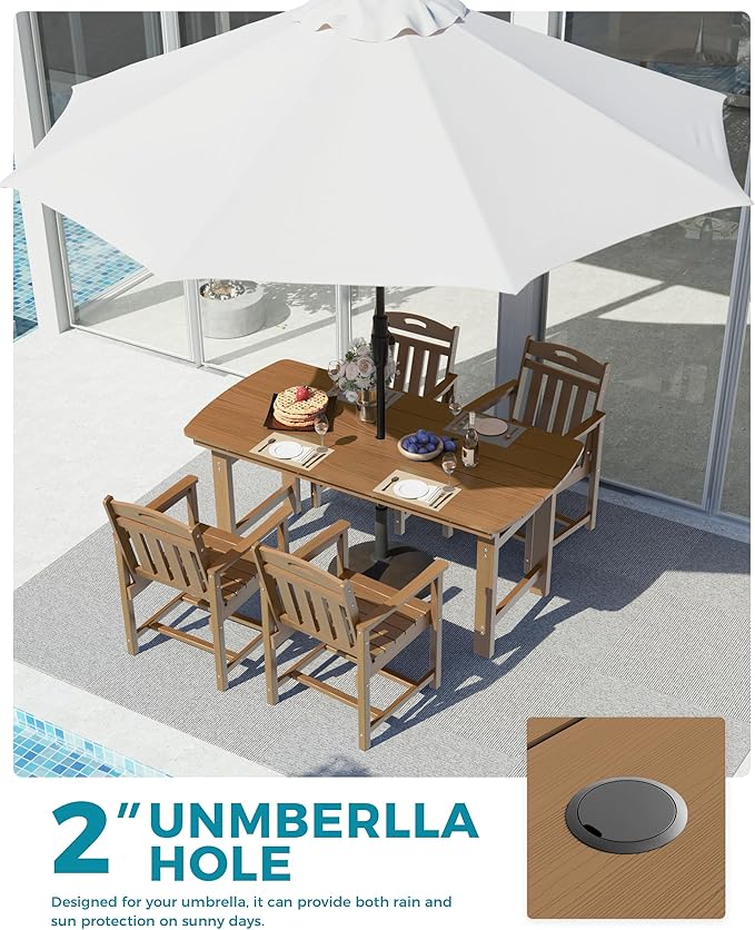 Ciokea HDPE Outdoor Dining Set, 5-Piece Patio Table and Chairs Set with Umbrella Hole, All-Weather Patio Dining Sets for 4, Durable Patio Furniture for Backyard, Garden, Lawn & Poolside, Teak CIOKEA
