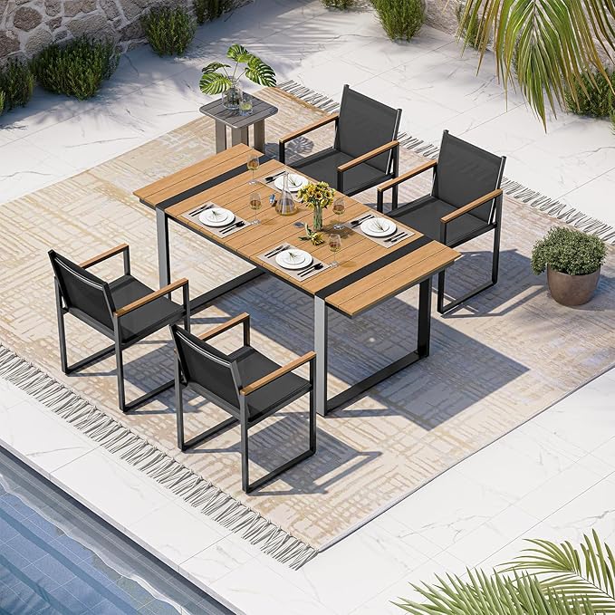 Outdoor Table and Chairs of 4, Patio Dining Sets, HDPS + Aluminum Outdoor Furniture Set with Umbrella Hole, Patio Dining Table Set (Gray-Teak) Oasbira