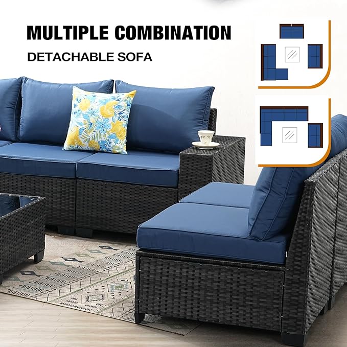 9 Pieces Patio Furniture Set All-Weather Outdoor Wicker Sectional Conversation Sofa Rattan Patio Seating Sofa with Cushion and Glass Table and Ottoman for Porch Poolside,Navy JOYURE
