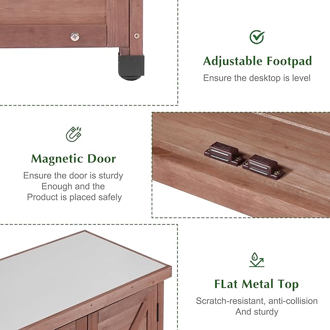 Outdoor Storage Cabinet & Potting Bench Table with Metal Top, Wooden Patio Furniture, Garden Workstation (Royal Brown, 36x31x17in) OutdoorFurniture