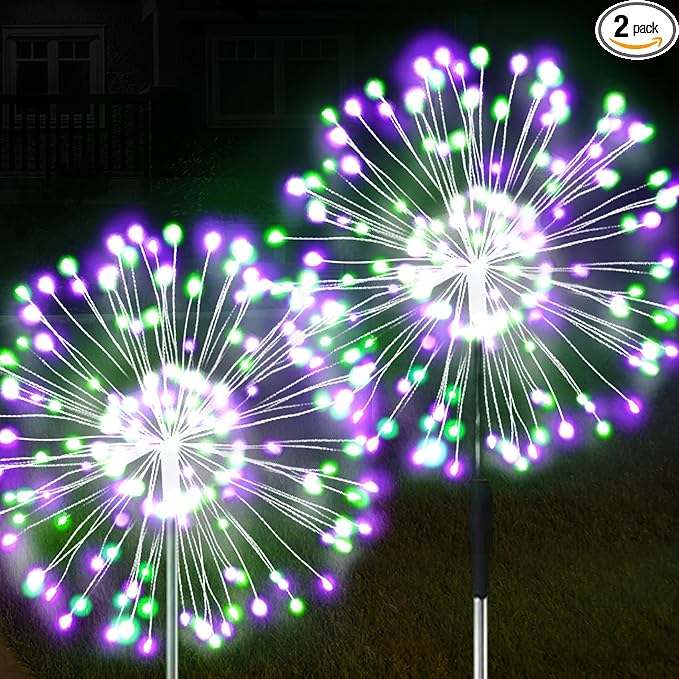 JJGoo Solar Firework Lights, 2 Pack 120 LEDs 2 Lighting Modes Solar Garden Lights Outdoor Waterproof for Yard Patio Walkway Pathway Party Wedding Christmas Decorative - Green and Purple JJGoo