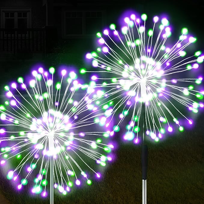 JJGoo Solar Firework Lights, 2 Pack 150 LEDs 2 Lighting Modes Solar Lights Outdoor Waterproof for Garden Patio Walkway Pathway Party Wedding Christmas Decorative - Green and Purple JJGoo