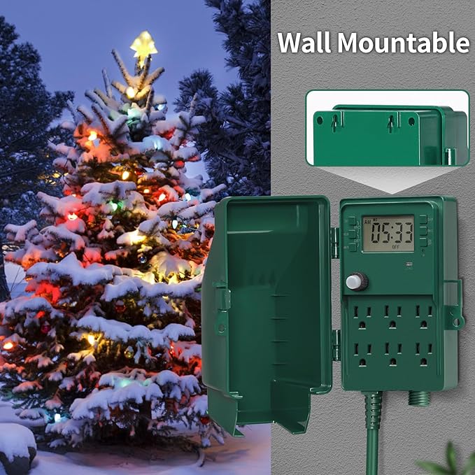 SURAIELEC Outdoor Power Stake, 7-Day Programmable Digital Timer, Power Strip Weatherproof, 6 Multi Plug Electrical Outlet Waterproof, 6FT Extension Cord, for Outside Yard Light, Christmas Decorations SURAIELEC