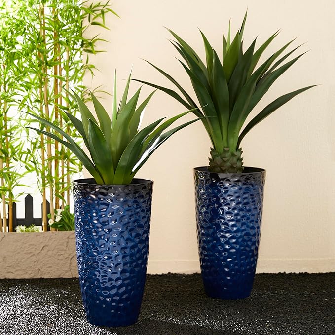Glitzhome 23.75" H Oversized Tall Planter,Modern Set of 2 Honeycomb Textured Gradient Cobalt Blue Round Garden Plant Pots with Drainage Holes Flower Containers for Indoor Outdoor,Front Porch,Patio Glitzhome