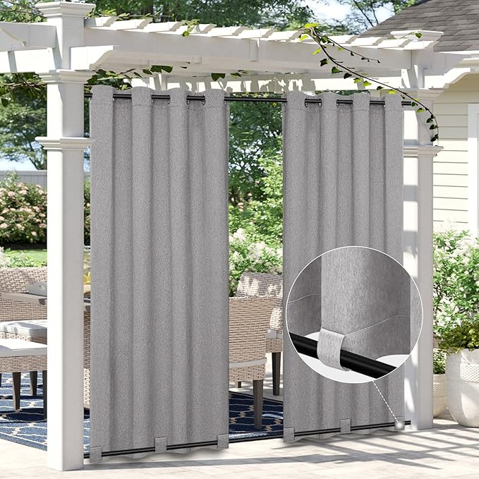 Easy-Going Linen Look Outdoor Curtains Waterproof Windproof Porch Curtains, Soft Thicken Outdoor Privacy Curtains for Patio, Gazebo, Grommet Top and Tab Bottom Drape, 1 Panel, 54x84 inch, Grey Easy-Going