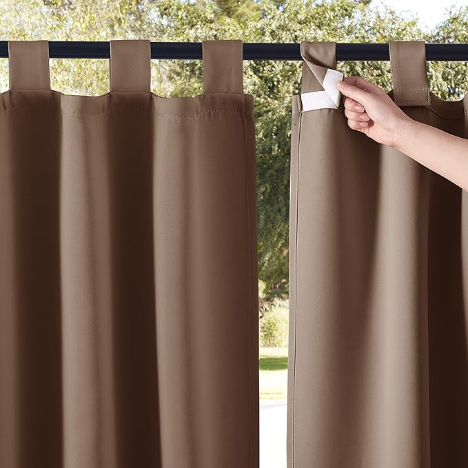 NICETOWN Porch Curtainss Outdoor Waterproof for Patio Set of 2, Self-Stick Tab Top Blackout Indoor Outdoor Dividers Vertical Blinds Keep Privacy for Pergola/Patio, W52 by L84 inches, Tan NICETOWN