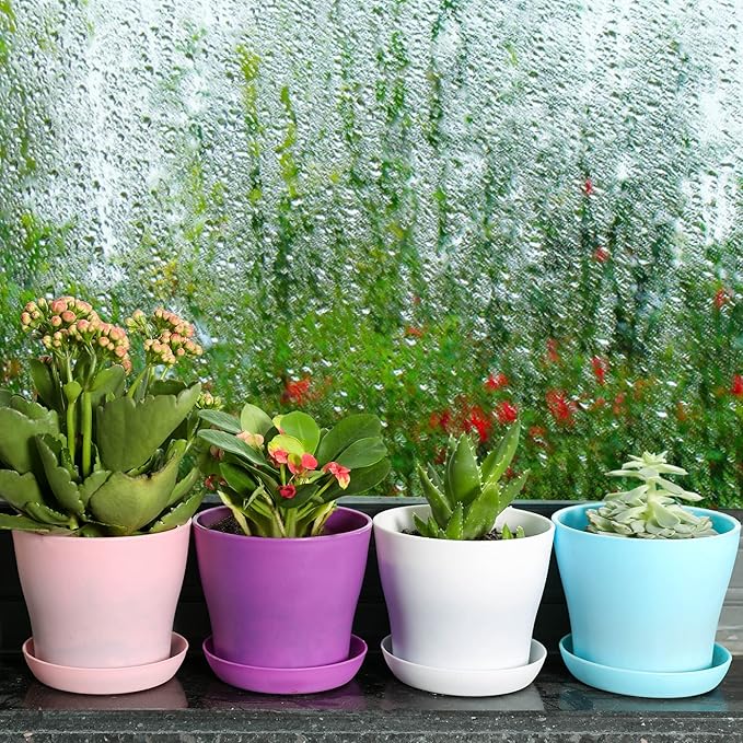 TDHDIKE 10 Pcs Plastic Planters Indoor Flower Plant Pots, Mini Flower Seedlings Nursery Pot/Planter/Flower Pot with Pallet, Modern Decorative Gardening Containers (White25) TDHDIKE