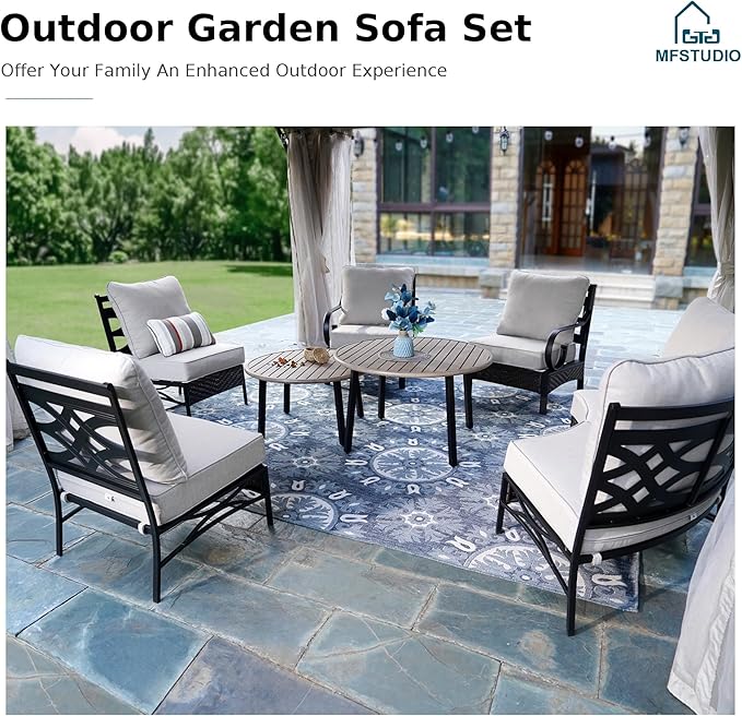 MFSTUDIO Patio Furniture Set, 10 Seats Half-Moon Curved Outdoor Sectional Sofa Conversation Set with 2 Wood-Like Round Table, Woven Rattan Patio Couch for Backyard, Garden, Deck MFSTUDIO