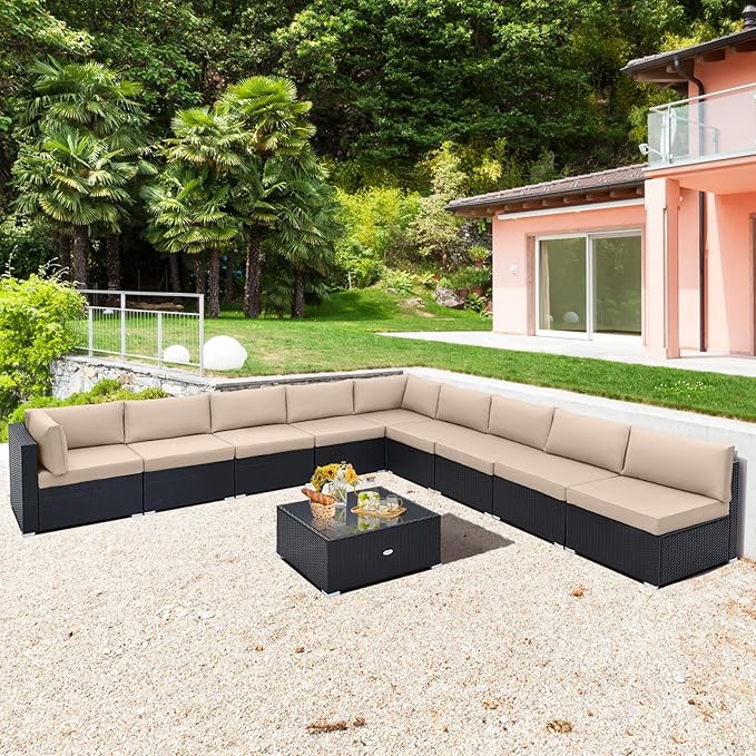 Tangkula 10 Pieces Patio Sofa Set, Outdoor Wicker Conversation Set with Soft Cushions, Tempered Glass Tabletop, Sofa Fastener Clips Included, Rattan Furniture Set for Backyard, Poolside (Beige) TANGKULA