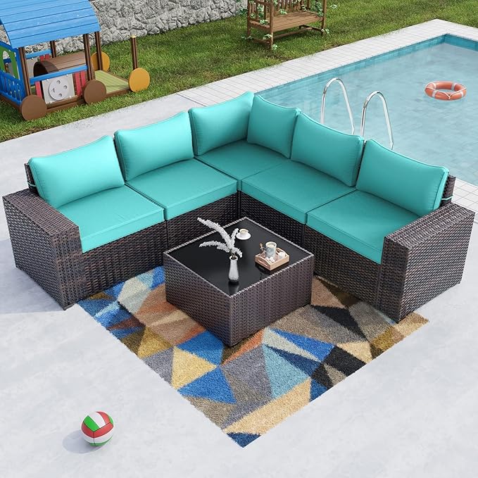 Kullavik 6PCS Outdoor Patio Furniture Set PE Wicker Rattan Sectional Sofa Patio Conversation Sets,Blue KULLAVIK